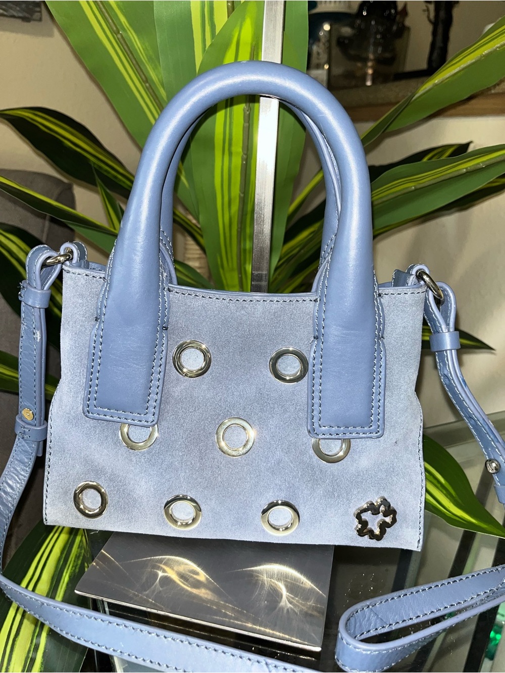 Ted Baker Blue Suede Mini Tote Bag with Grommet Accents